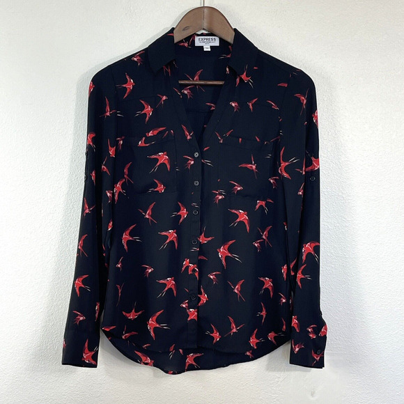 Express Tops - Express Portofino Shirt Womens Size XS Black Red Bird Print Slim Fit Long Sleeve